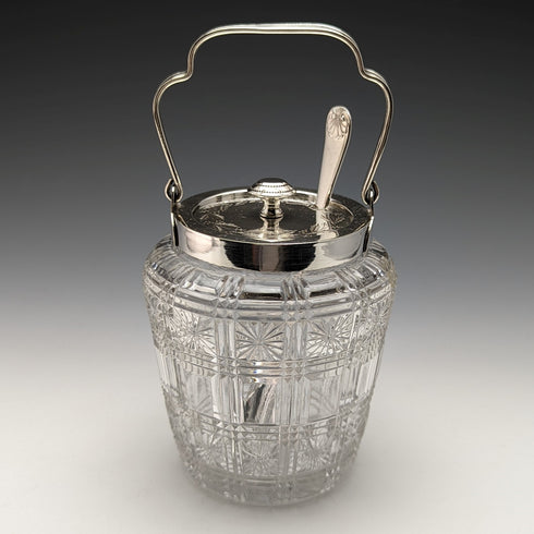 英國古董切割玻璃果醬罐銀盤蓋帶勺子